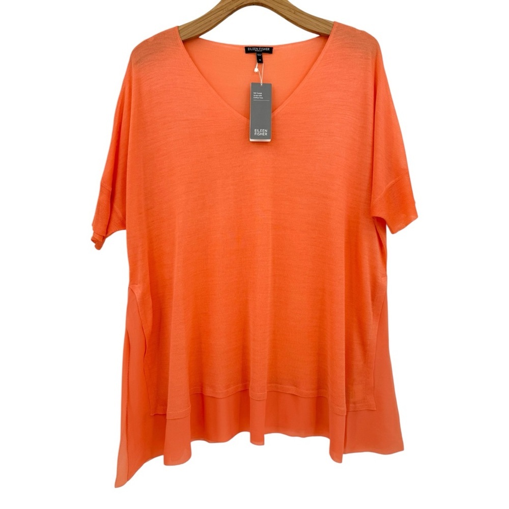 Eileen Fisher Silk Tussah Jersey Blouse with Chiffon Trim Size 1X